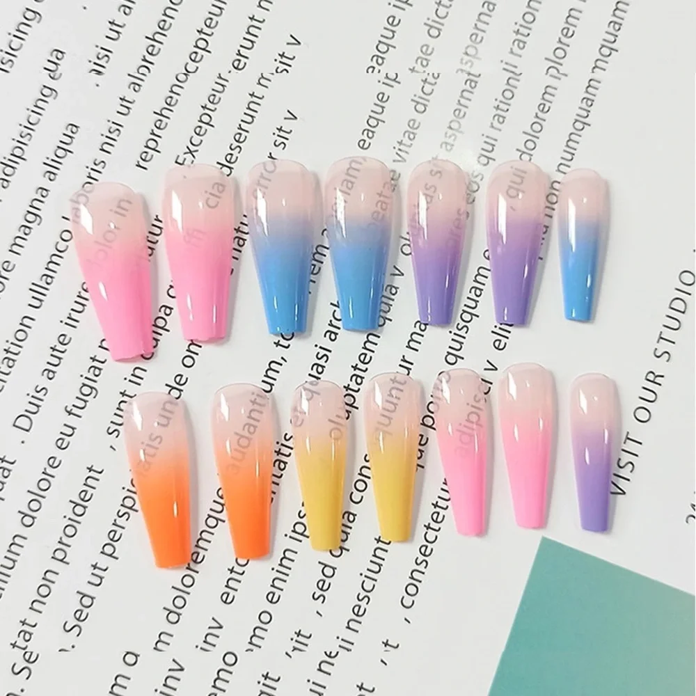 2/ $15 Rainbow Ombre Long Coffin Press On Nails Fake False 20 Pc Nail Kit - Picture 2 of 2
